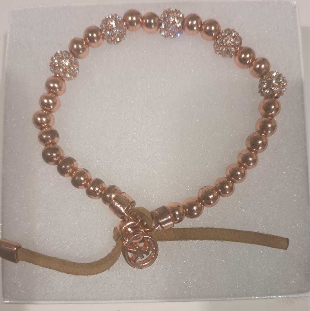 Michael Kors Rose Golden Stretch Slider Collection Chrystal Balls  Leather Strap